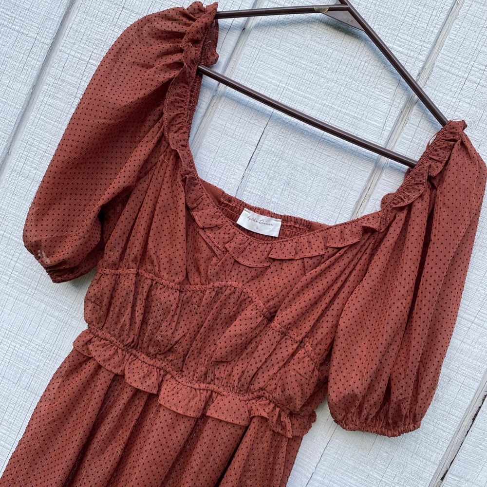 By the River Mini Dress Swiss Dot Ruffle Trim Square Neck Brown S Fairy